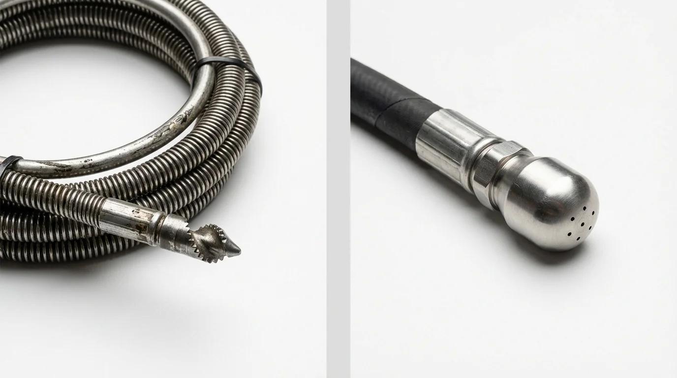 Drain snake cable and hydro jetting nozzle used for drain cleaning in Belle Plaine, IA