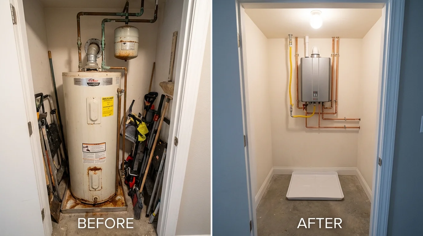 Tank water heater versus wall-mounted tankless unit comparison for Belle Plaine, IA homeowners