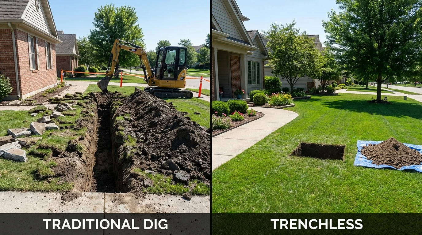 Trenchless sewer repair with minimal yard damage versus traditional excavation in Belle Plaine, IA