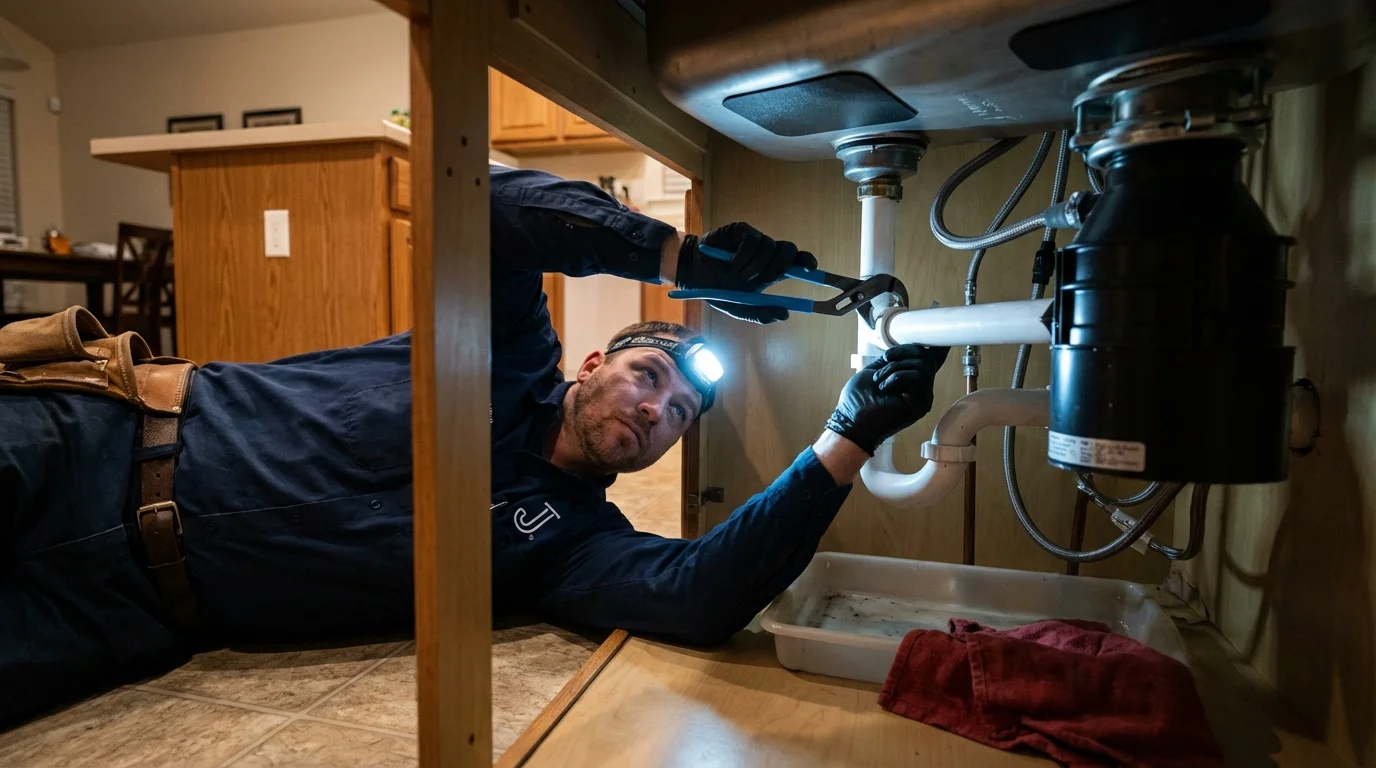 P-trap and supply line connections under a kitchen sink showing a common leak point in Belle Plaine, IA